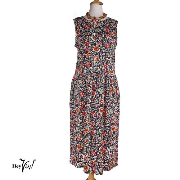 Cathy Daniels Tank Style Dress w Pockets Navy Blue Floral Size Medium - Hey Viv - Picture 1 of 7